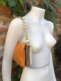 Small cross body bag. Camel brown, taupe, cream beige GENUINE leather purse. Gold metal chain strap + crossbody leather strap. 3 zippers.