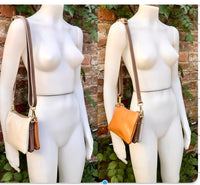 Small cross body bag. Camel brown, taupe, cream beige GENUINE leather purse. Gold metal chain strap + crossbody leather strap. 3 zippers.