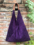 Slouch leather bag in PURPLE. Large shoulder leather bag. Boho bag. Laptop bags in suede. Origami suede leather bag. PURPLE suede purse.