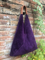 Slouch leather bag in PURPLE. Large shoulder leather bag. Boho bag. Laptop bags in suede. Origami suede leather bag. PURPLE suede purse.