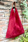 Slouch leather bag in RED. Large shoulder leather bag. Boho bag. Laptop bags in suede. Origami suede leather bag. RED suede purse.