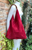 Slouch leather bag in RED. Large shoulder leather bag. Boho bag. Laptop bags in suede. Origami suede leather bag. RED suede purse.