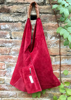 Slouch leather bag in RED. Large shoulder leather bag. Boho bag. Laptop bags in suede. Origami suede leather bag. RED suede purse.