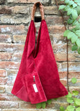 Slouch leather bag in RED. Large shoulder leather bag. Boho bag. Laptop bags in suede. Origami suede leather bag. RED suede purse.