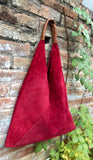 Slouch leather bag in RED. Large shoulder leather bag. Boho bag. Laptop bags in suede. Origami suede leather bag. RED suede purse.