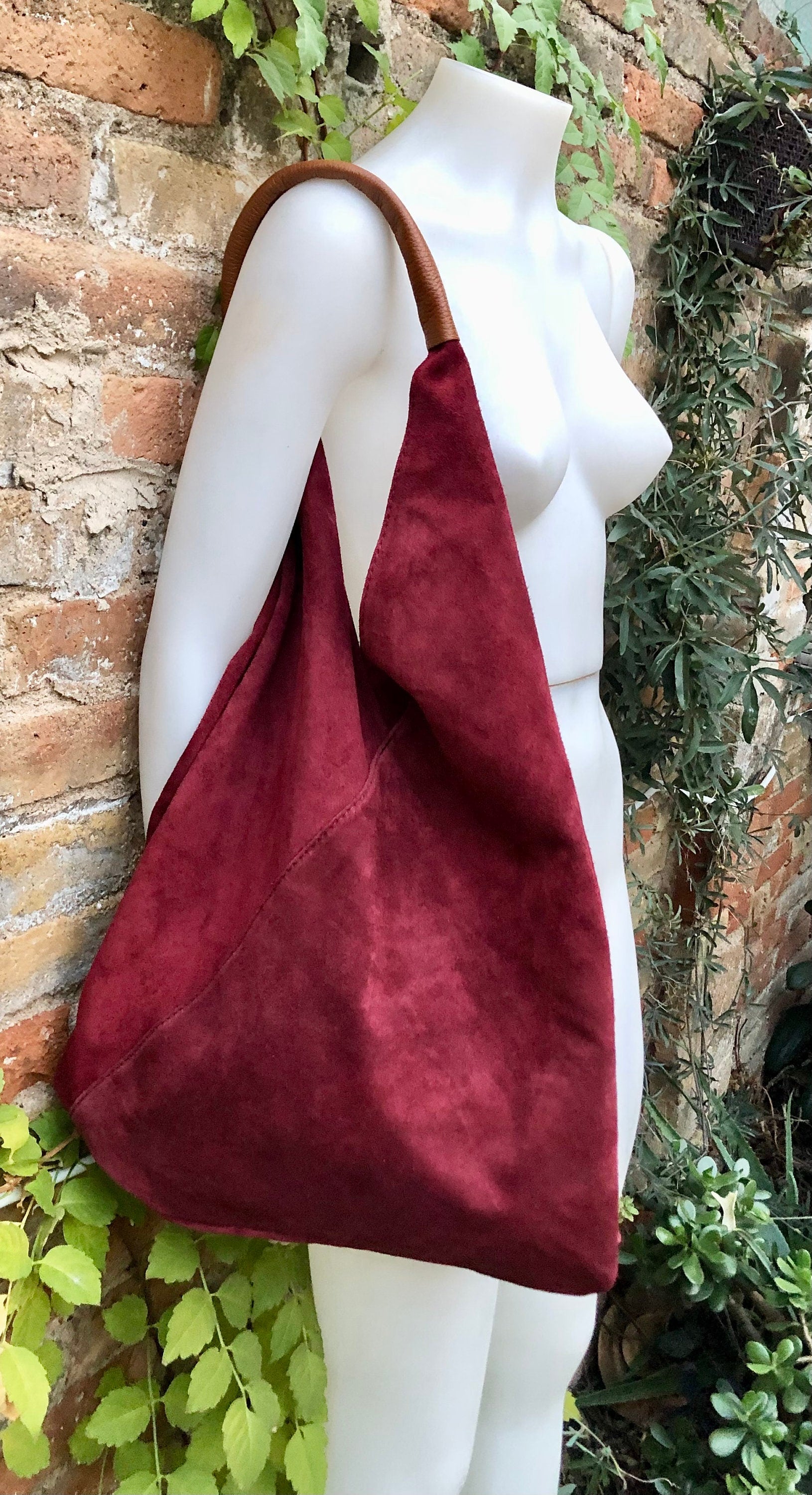 Slouch leather bag in BURGUNDY. Large shoulder leather bag. Boho bag. Laptop bags in suede. Origami suede leather bag. WINE RED suede purse.