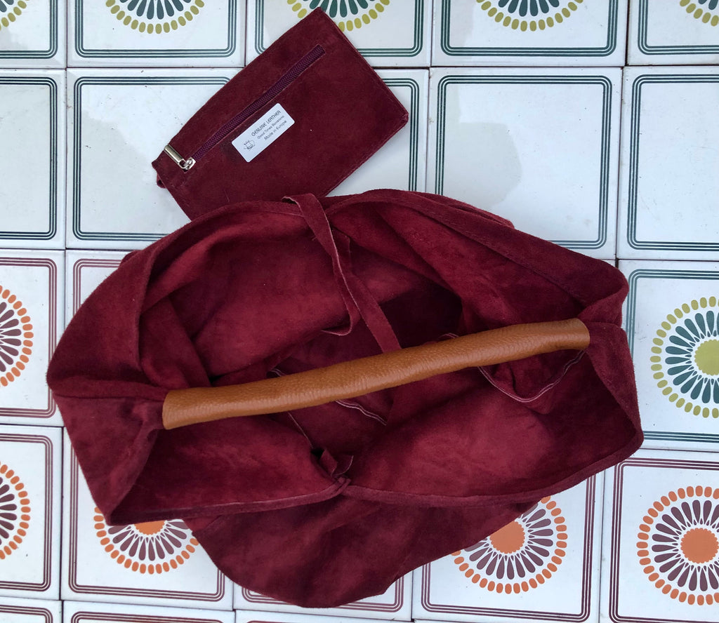 Slouch leather bag in BURGUNDY. Large shoulder leather bag. Boho bag. Laptop bags in suede. Origami suede leather bag. WINE RED suede purse.