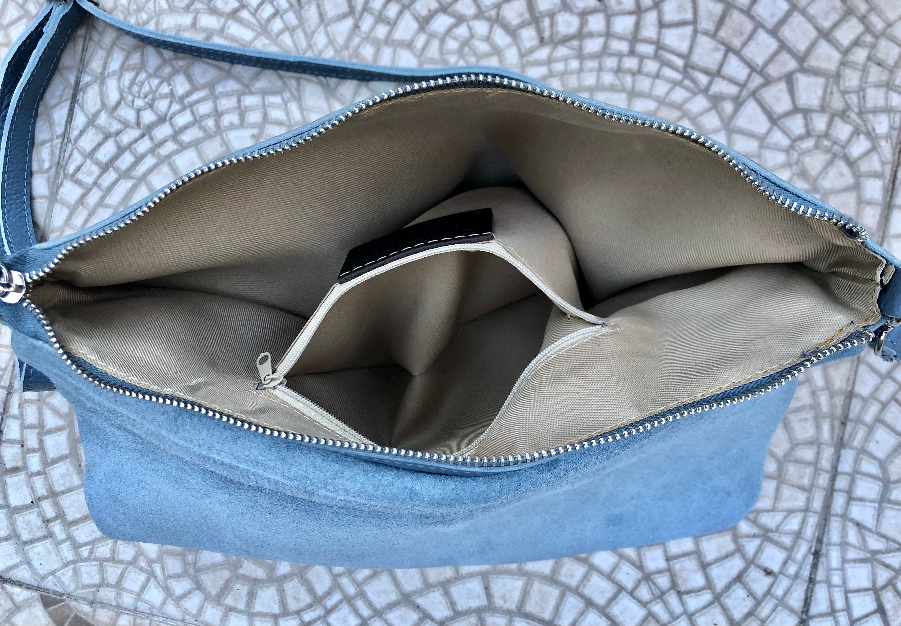 Blue - gray soft leather shoulder / crossbody bag. Genuine leather. Denim blue messenger bag with flap, zipper and adjustable strap.