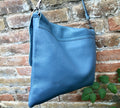 Blue - gray soft leather shoulder / crossbody bag. Genuine leather. Denim blue messenger bag with flap, zipper and adjustable strap.