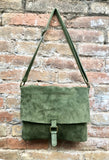 Moss green suede bag. Genuine leather purse. rGreen cossbody / messenger bag in soft natural leather for books, tablets. Green suede purse