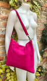 Fuchsia pink suede messenger bag. Soft magenta pink genuine leather crossbody / shoulder bag ..or books, tablets. Hot pink suede purse