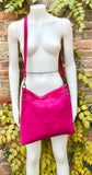 Fuchsia pink suede messenger bag. Soft magenta pink genuine leather crossbody / shoulder bag ..or books, tablets. Hot pink suede purse