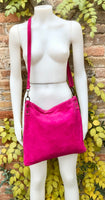 Fuchsia pink suede messenger bag. Soft magenta pink genuine leather crossbody / shoulder bag ..or books, tablets. Hot pink suede purse