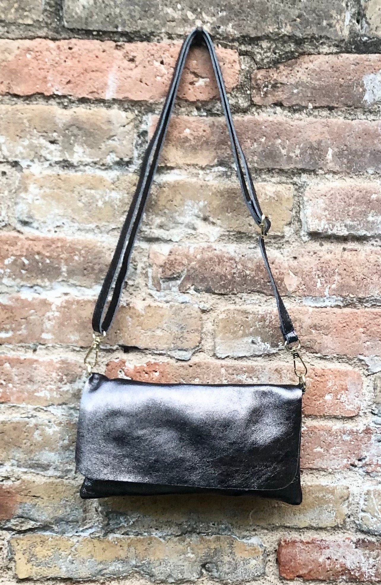 Small leather bag in DARK SILVER. Cross body bag, shoulder bag in GENUINE leather. Metallic shine bag with adjustable strap, zipper