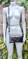 Small leather bag in DARK SILVER. Cross body bag, shoulder bag in GENUINE leather. Metallic shine bag with adjustable strap, zipper