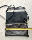 Small leather bag in DARK SILVER. Cross body bag, shoulder bag in GENUINE leather. Metallic shine bag with adjustable strap, zipper