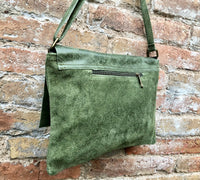 Dark moss green suede bag. Genuine leather purse.Green cossbody / messenger bag in soft natural leather for books, tablets.Green suede purse