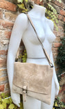 Beige suede bag. Genuine leather purse. Beige cossbody / messenger bag in soft natural leather for books, tablets. Beige suede purse