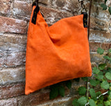 ORANGE suede messenger bag with brown strap. Soft genuine leather crossbody / shoulder bag .or books, tablets. ORANGE suede purse