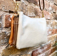 Small cross body bag. Camel brown, taupe, cream beige GENUINE leather purse. Gold metal chain strap + crossbody leather strap. 3 zippers.