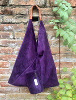 Slouch leather bag in PURPLE. Large shoulder leather bag. Boho bag. Laptop bags in suede. Origami suede leather bag. PURPLE suede purse.