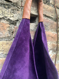 Slouch leather bag in PURPLE. Large shoulder leather bag. Boho bag. Laptop bags in suede. Origami suede leather bag. PURPLE suede purse.