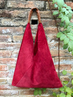 Slouch leather bag in RED. Large shoulder leather bag. Boho bag. Laptop bags in suede. Origami suede leather bag. RED suede purse.