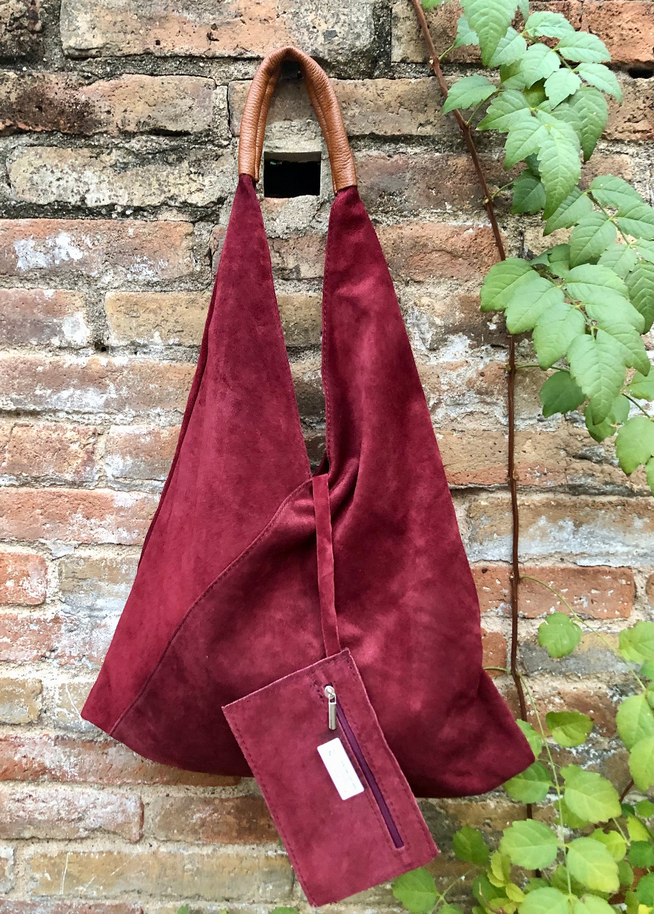 Slouch leather bag in BURGUNDY. Large shoulder leather bag. Boho bag. Laptop bags in suede. Origami suede leather bag. WINE RED suede purse.