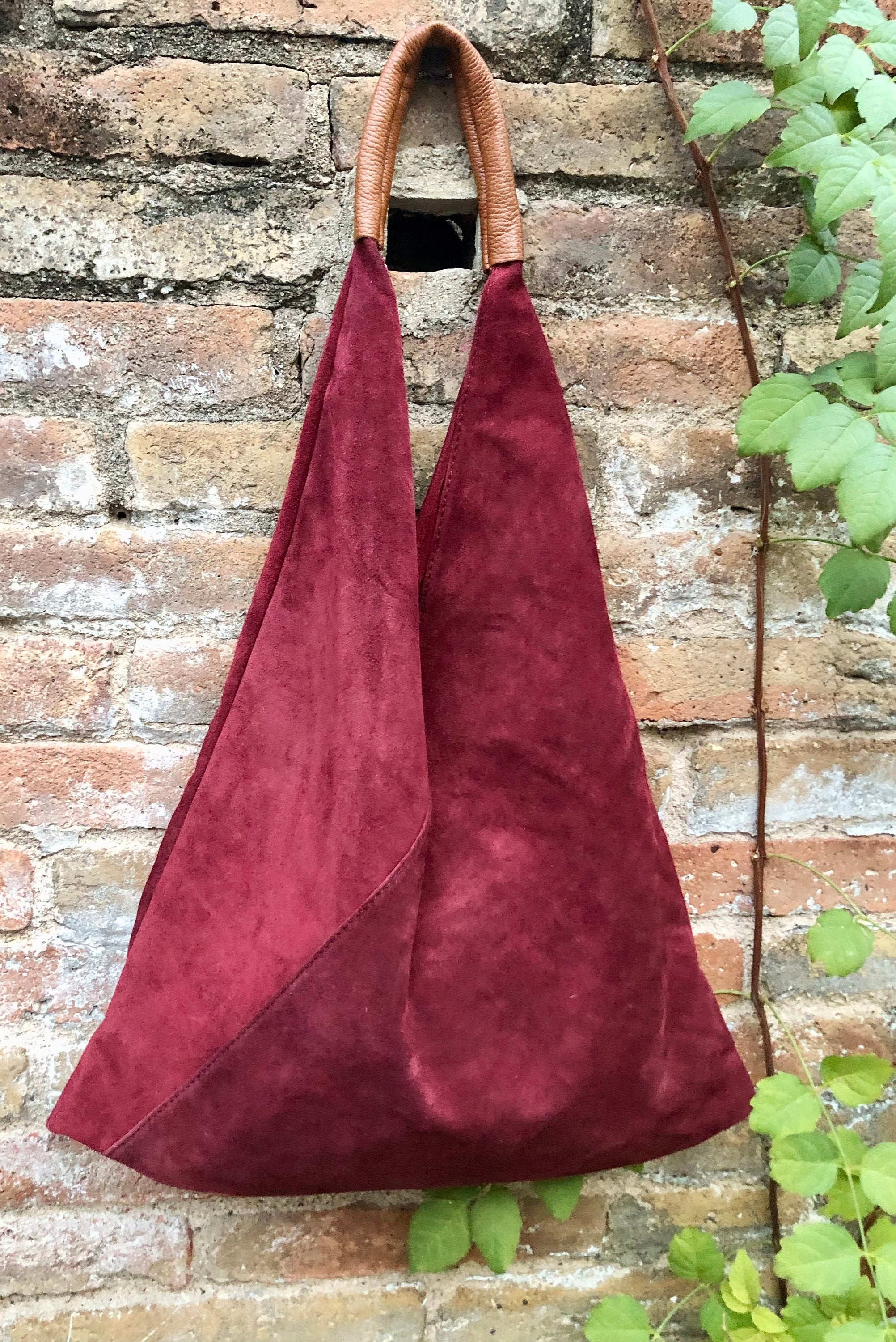 Slouch leather bag in BURGUNDY. Large shoulder leather bag. Boho bag. Laptop bags in suede. Origami suede leather bag. WINE RED suede purse.