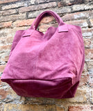 GENUINE suede leather raspberrry pink shopper bag. Slouchy carry all tote bag for your laptop, tablet, books.Pink suede purse / shoulder bag