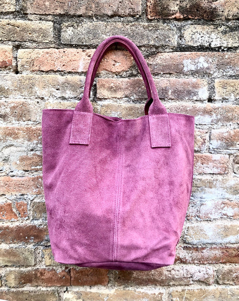 GENUINE suede leather raspberrry pink shopper bag. Slouchy carry all tote bag for your laptop, tablet, books.Pink suede purse / shoulder bag