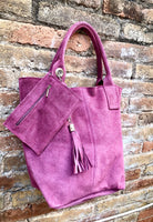 GENUINE suede leather raspberrry pink shopper bag. Slouchy carry all tote bag for your laptop, tablet, books.Pink suede purse / shoulder bag