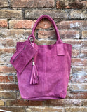 GENUINE suede leather raspberrry pink shopper bag. Slouchy carry all tote bag for your laptop, tablet, books.Pink suede purse / shoulder bag