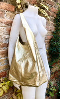 Slouch bag. Tote leather bag in GOLD with ZIPPER. Soft natural glitter genuine leather. Gold leather purse. Metallic leather shoulder bag