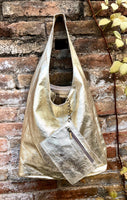 Slouch bag. Tote leather bag in GOLD with ZIPPER. Soft natural glitter genuine leather. Gold leather purse. Metallic leather shoulder bag