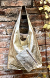 Slouch bag. Tote leather bag in GOLD with ZIPPER. Soft natural glitter genuine leather. Gold leather purse. Metallic leather shoulder bag