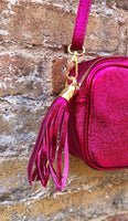 Small leather bag in fuchsia pink. Crossbody / shoulder bag in GENUINE leather. Metallic shine leather bag. Hot pink glitter leather purse