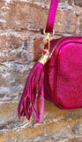 Small leather bag in fuchsia pink. Crossbody / shoulder bag in GENUINE leather. Metallic shine leather bag. Hot pink glitter leather purse