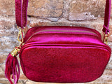 Small leather bag in fuchsia pink. Crossbody / shoulder bag in GENUINE leather. Metallic shine leather bag. Hot pink glitter leather purse