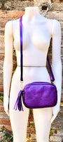 Small leather bag in PURPLE. Crossbody / shoulder bag in GENUINE leather. Metallic shine leather bag. Dark PURPLE glitter leather purse