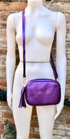 Small leather bag in PURPLE. Crossbody / shoulder bag in GENUINE leather. Metallic shine leather bag. Dark PURPLE glitter leather purse