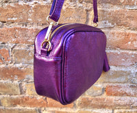 Small leather bag in PURPLE. Crossbody / shoulder bag in GENUINE leather. Metallic shine leather bag. Dark PURPLE glitter leather purse