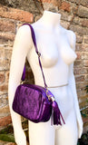 Small leather bag in PURPLE. Crossbody / shoulder bag in GENUINE leather. Metallic shine leather bag. Dark PURPLE glitter leather purse