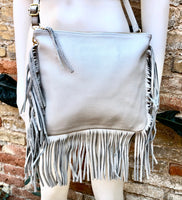 Cross body bag. BOHO genuine leather bag in light GRAY with fringes. Messenger bag in soft leather. Crossbody hippy bag. Gray fringed purse