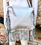 Cross body bag. BOHO genuine leather bag in light GRAY with fringes. Messenger bag in soft leather. Crossbody hippy bag. Gray fringed purse