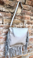 Cross body bag. BOHO genuine leather bag in light GRAY with fringes. Messenger bag in soft leather. Crossbody hippy bag. Gray fringed purse