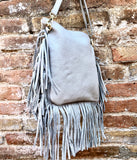 Cross body bag. BOHO genuine leather bag in light GRAY with fringes. Messenger bag in soft leather. Crossbody hippy bag. Gray fringed purse