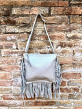 Cross body bag. BOHO genuine leather bag in light GRAY with fringes. Messenger bag in soft leather. Crossbody hippy bag. Gray fringed purse