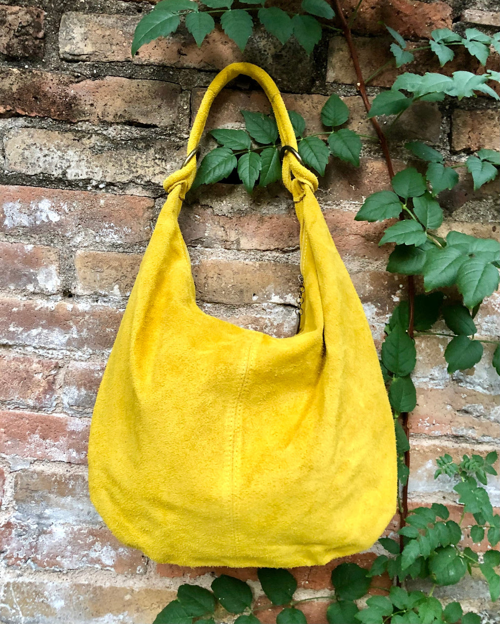 Yellow suede slouchy bag with ZIPPER + lining. Soft natural suede shopper, genuine leather bag. yellow suede purse .Hobo suede bag