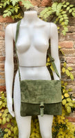 Moss green suede bag. Genuine leather purse. rGreen cossbody / messenger bag in soft natural leather for books, tablets. Green suede purse